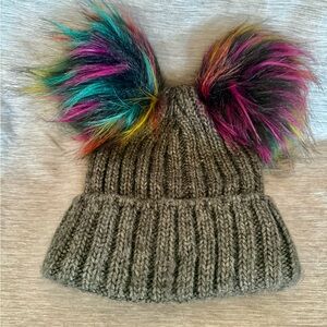 Gray Knit Beanie with Colorful Pom Poms